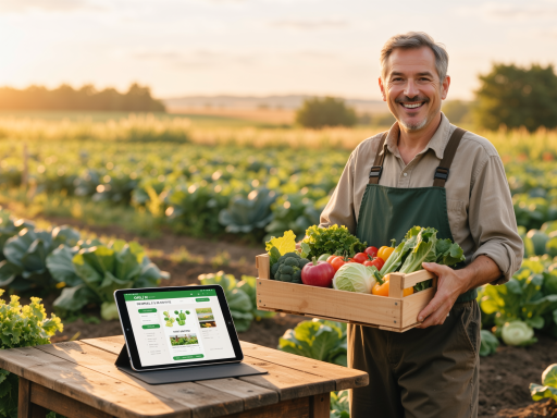 农产品直播现场，主播正在介绍农产品，背景有农产品展示，专业直播设备