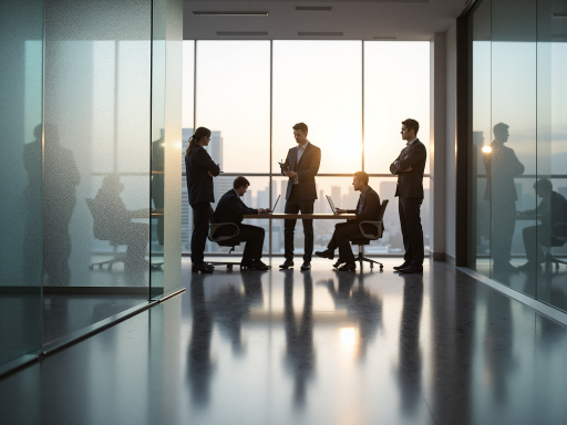公司办公环境，现代化会议室，玻璃隔断，商务人士开会讨论，专业氛围